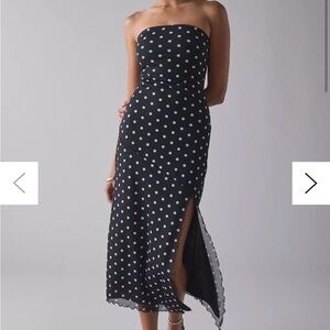 UO Samara Mesh Strapless Polka Dot Midi Dress